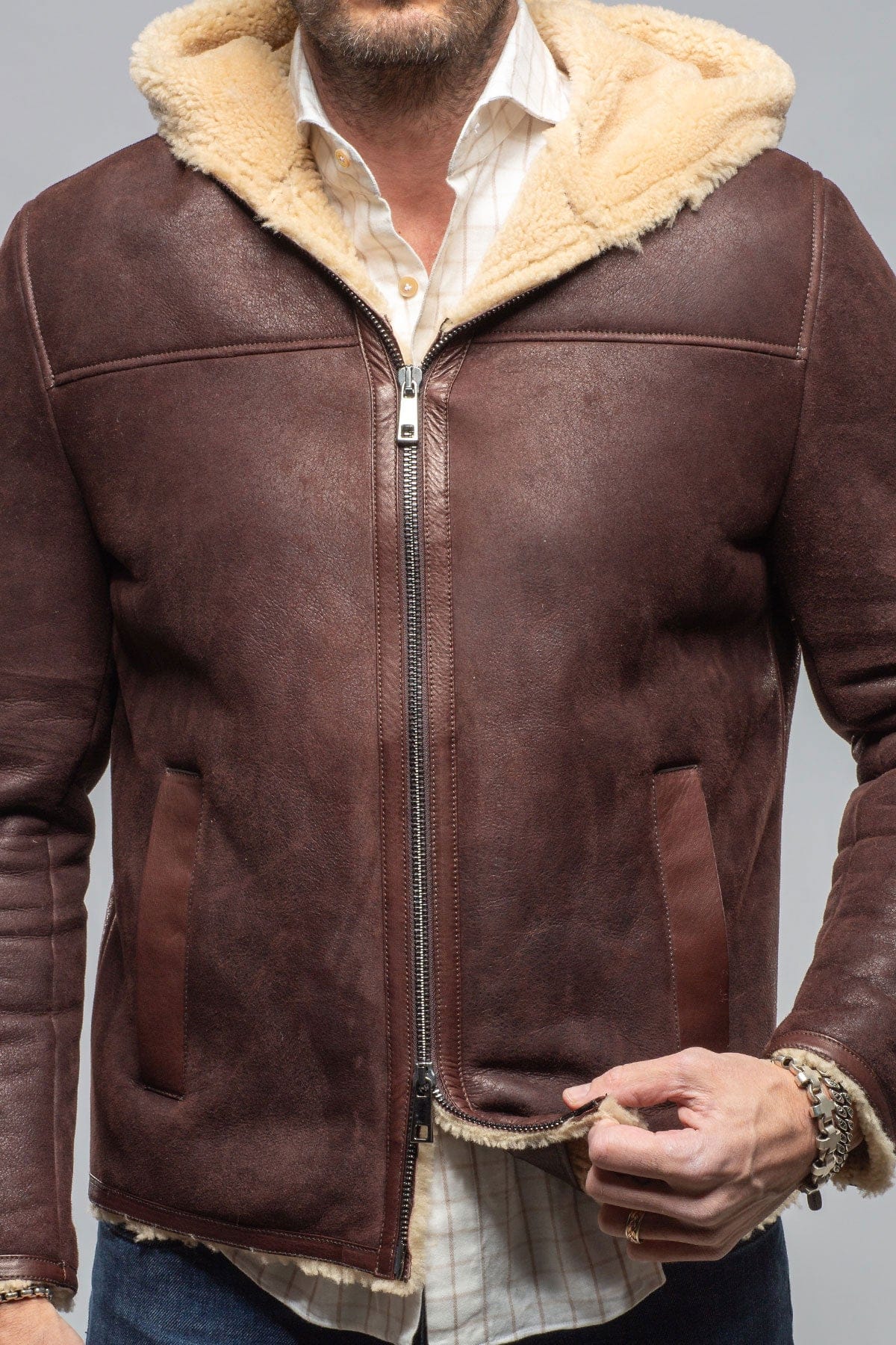 Alfeo Rustico Hooded Shearling In Burgundy - Image 5