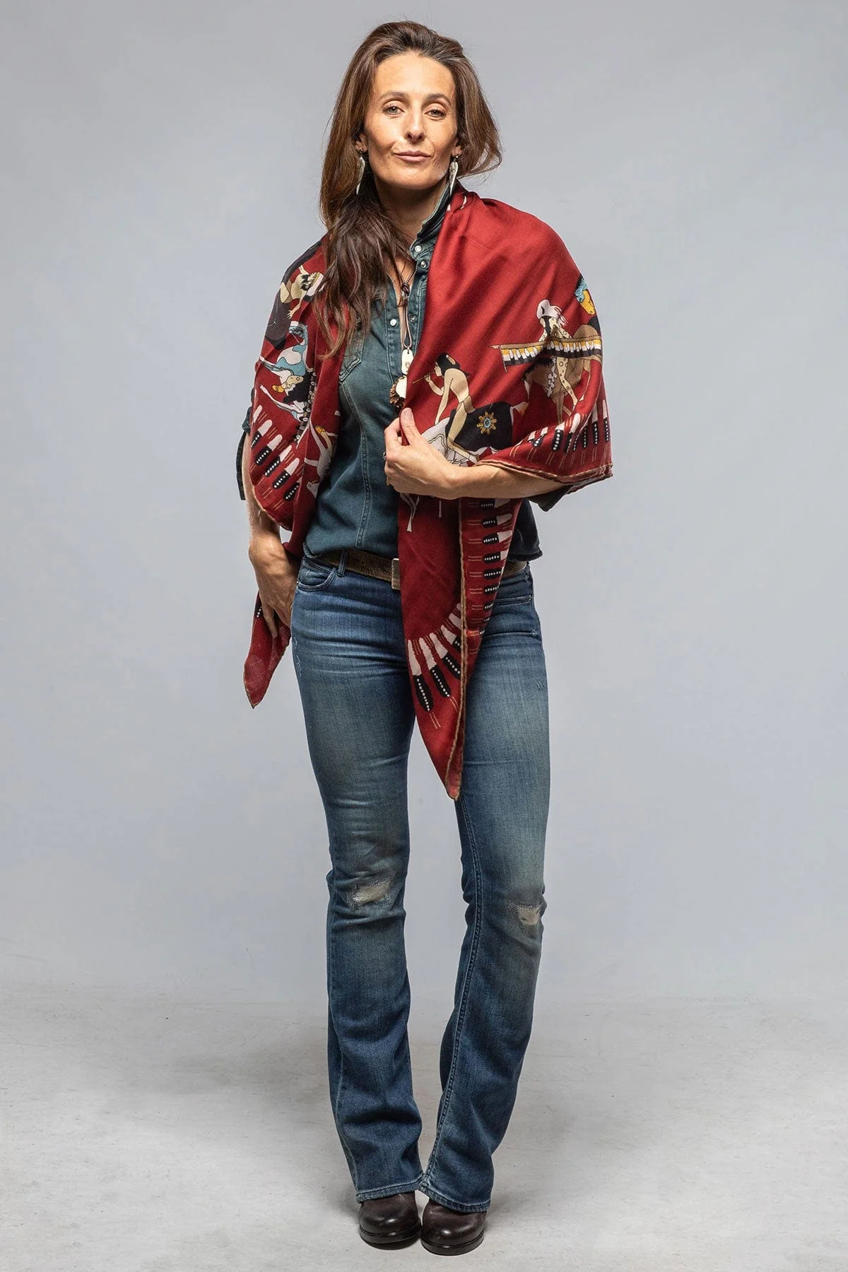 American Indian Cashmere Scarf In Burgundy