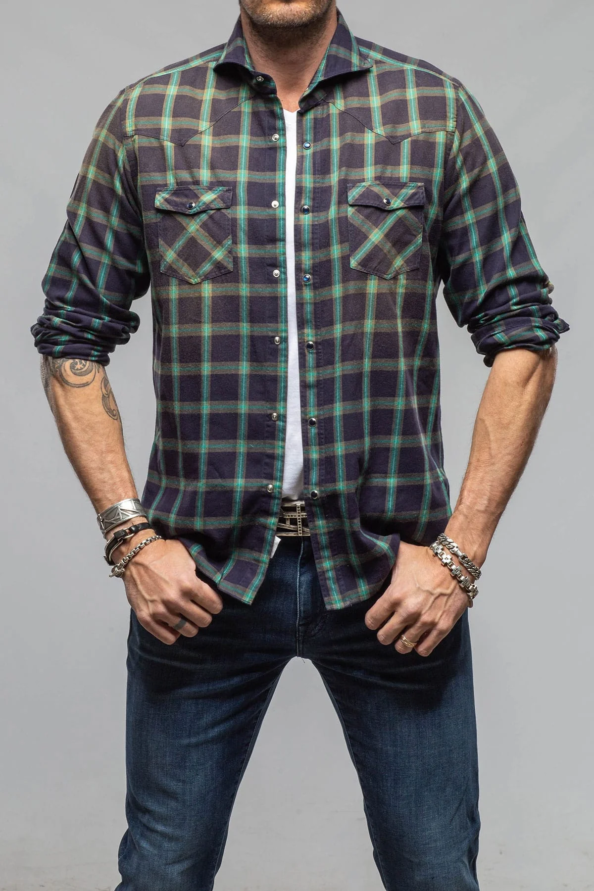 Arakan Western Check Snap Shirt In Navy/Green