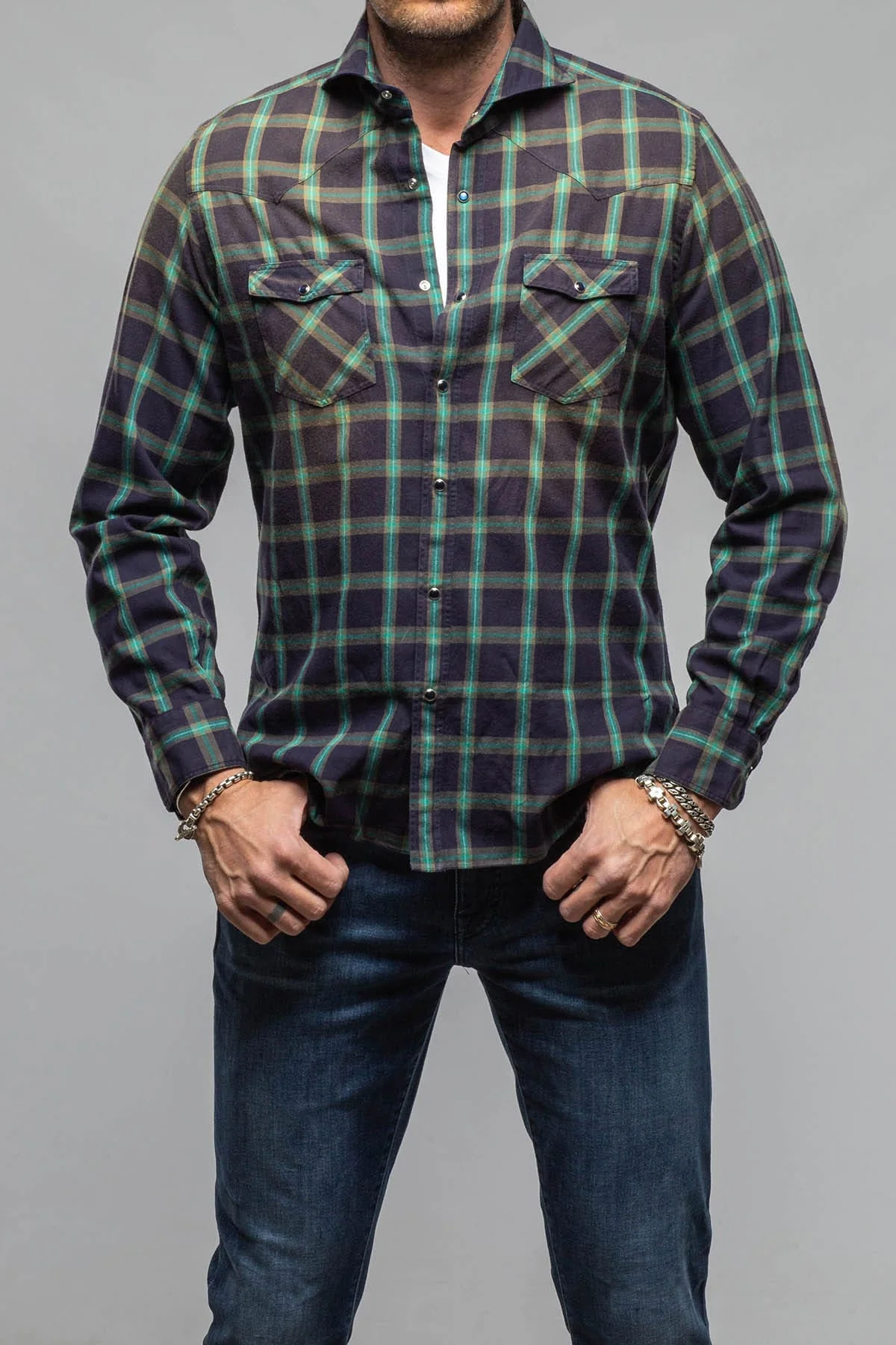 Arakan Western Check Snap Shirt In Navy/Green - Image 2