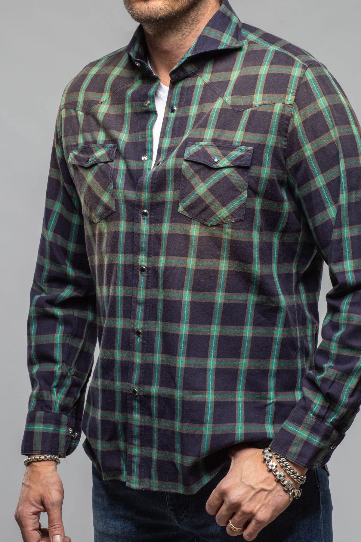 Arakan Western Check Snap Shirt In Navy/Green - Image 3