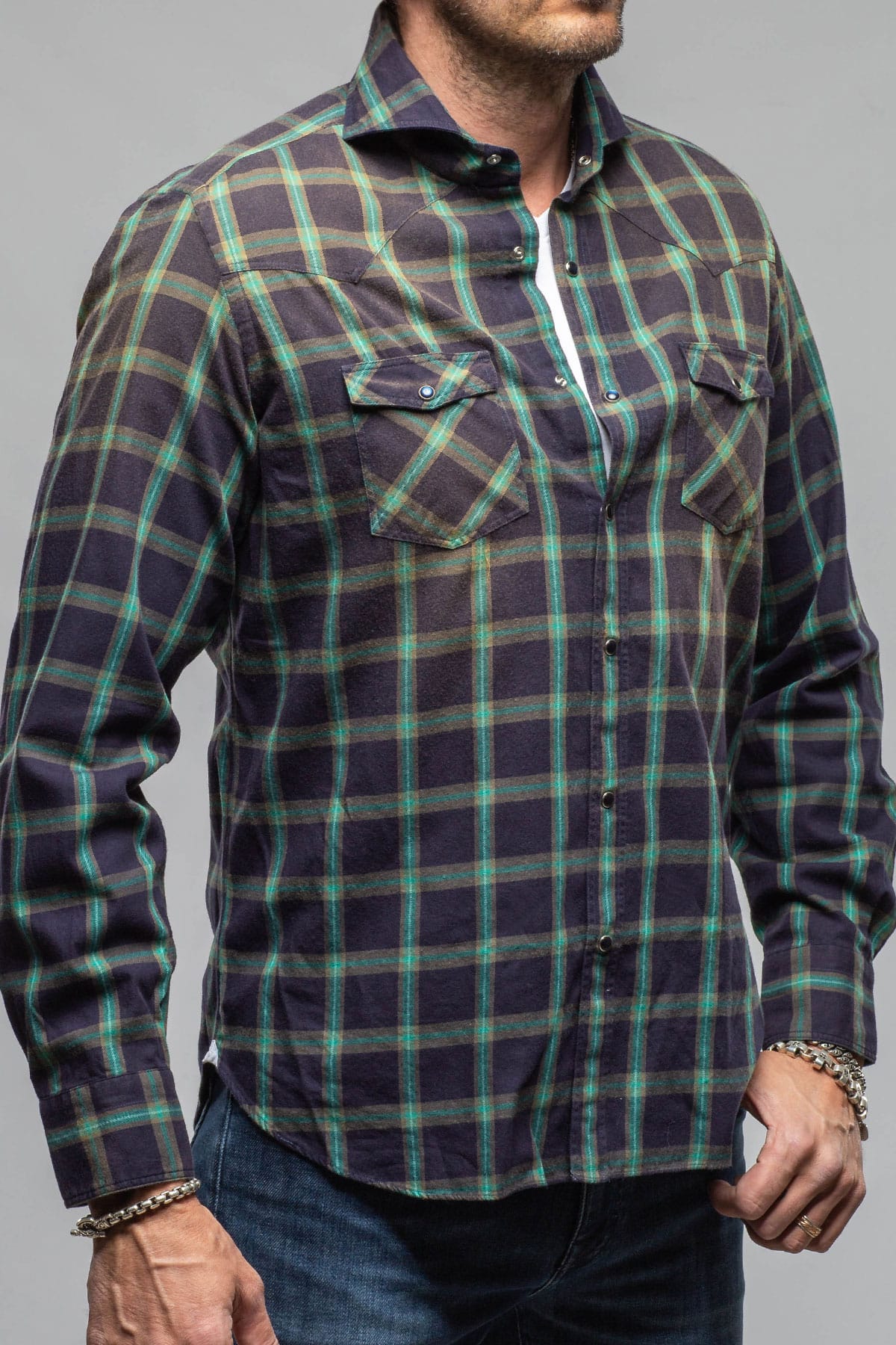 Arakan Western Check Snap Shirt In Navy/Green - Image 4