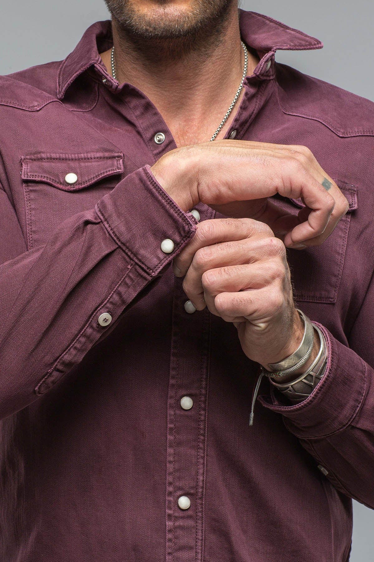 Ranger Colored Denim Snap Shirt In Bordeaux - Image 3