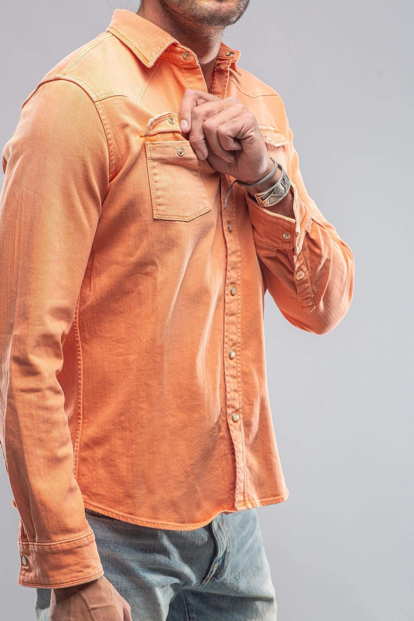 Ranger Colored Denim Snap Shirt In Tangerine - Image 4