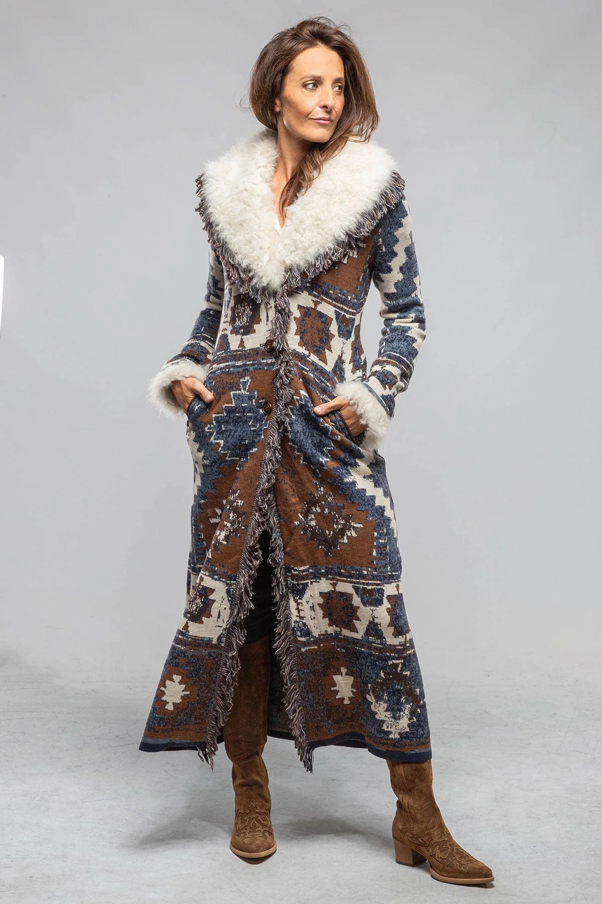Azteca Long Knit Sweater Coat In Blue - Image 2