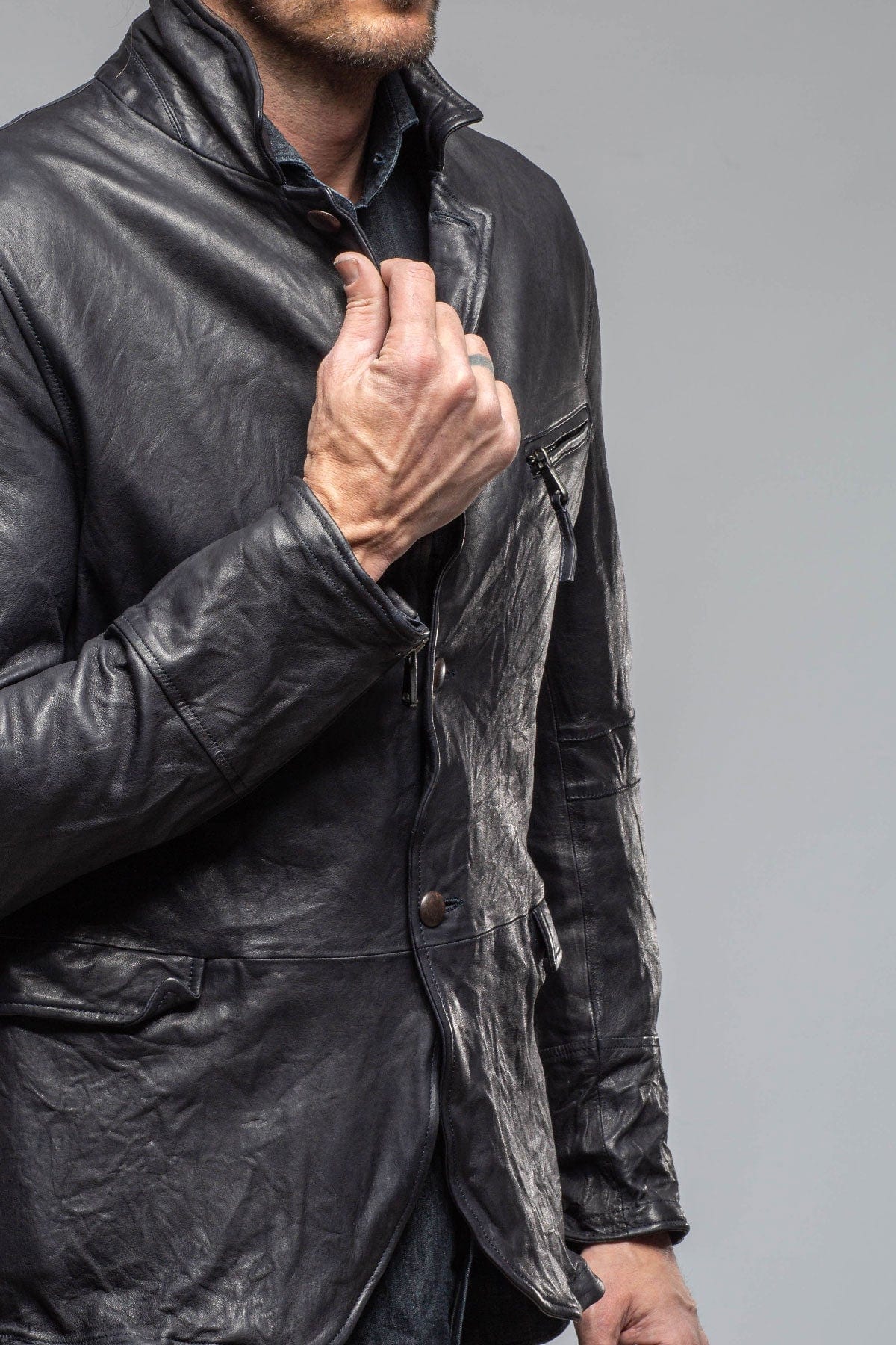 Chance Leather Blazer In Navy - Image 4