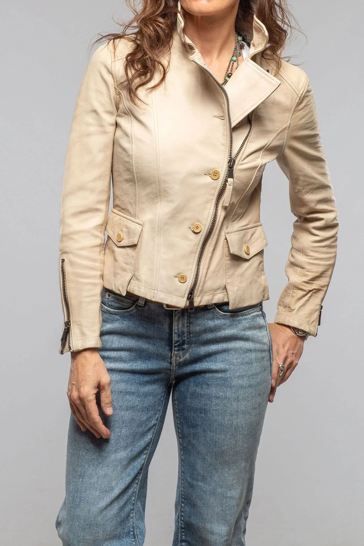 Cleo Side Zip Moto Jacket In Ivory