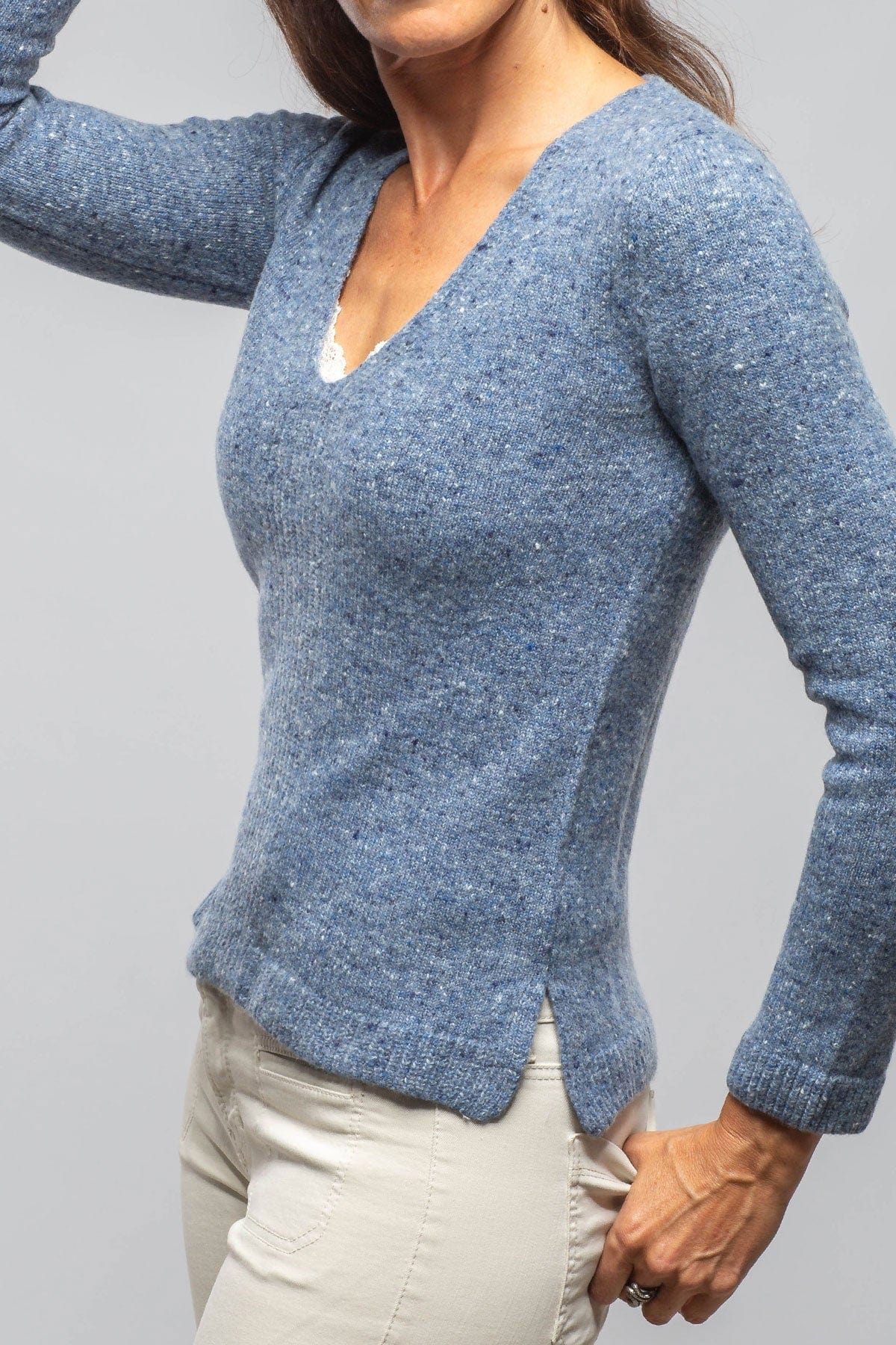 Cleo V-Neck Donegal Sweater In Soft Denim - Image 4