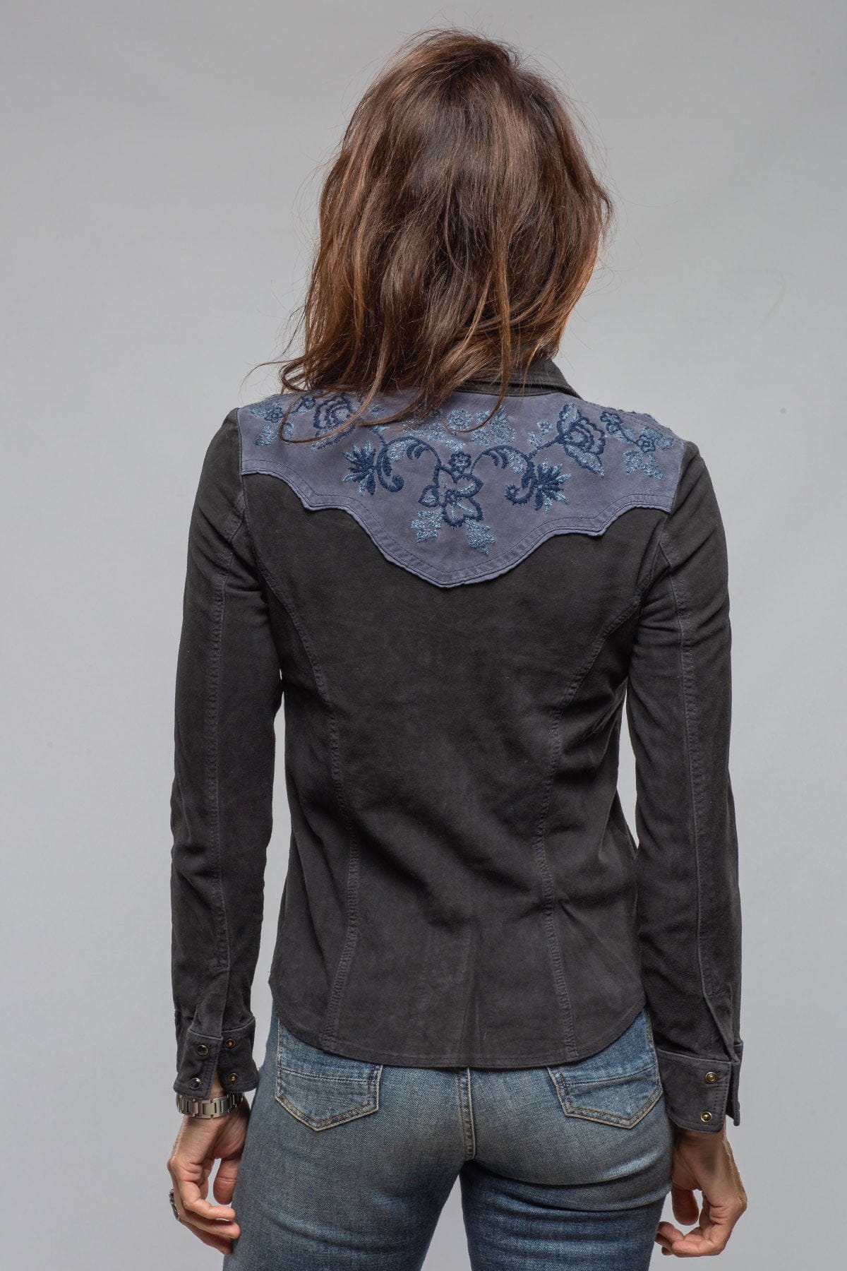 Columbine Suede Snap Shirt In Embroidered Navy - Image 5