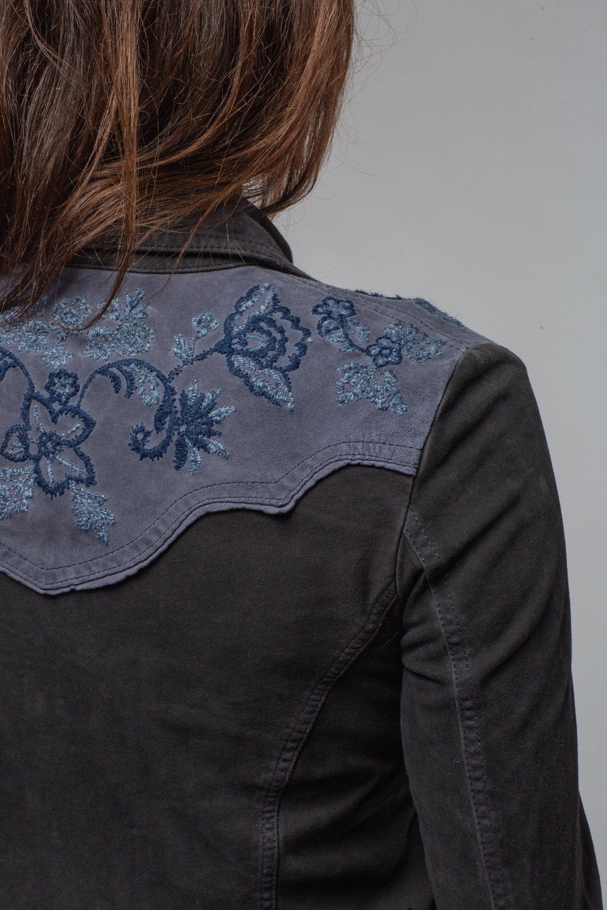 Columbine Suede Snap Shirt In Embroidered Navy - Image 6