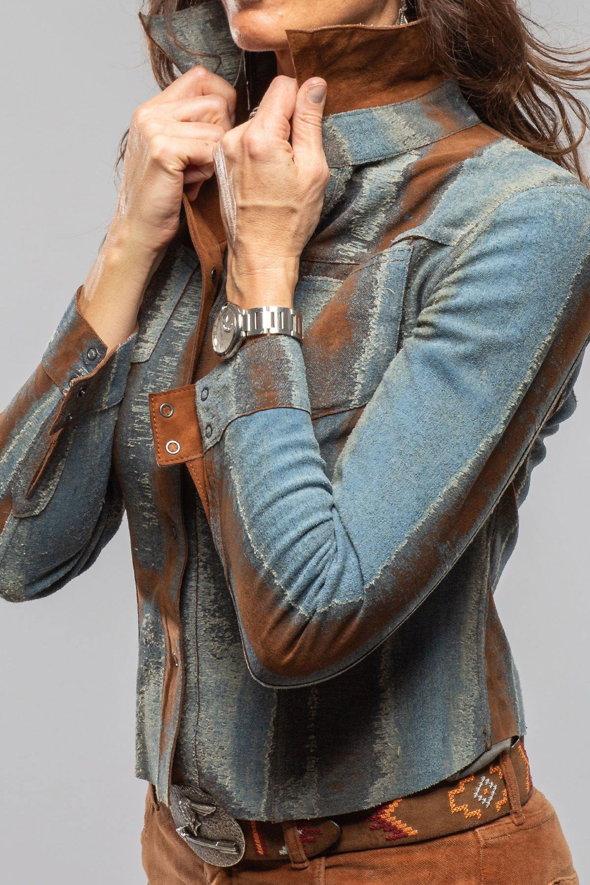 Delaney Reversible Suede/Denim Madras Snap Shirt - Image 6