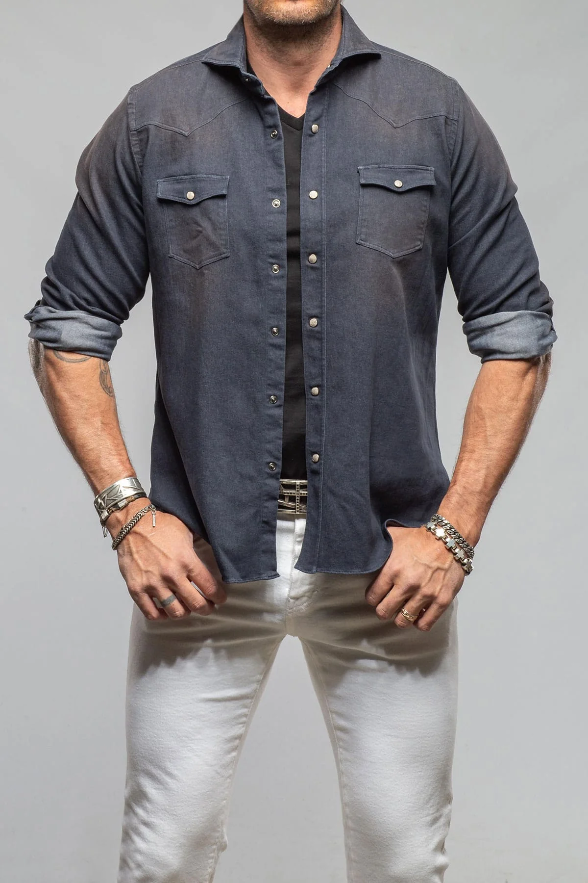 Elias Denim Western Snap Shirt In Navy