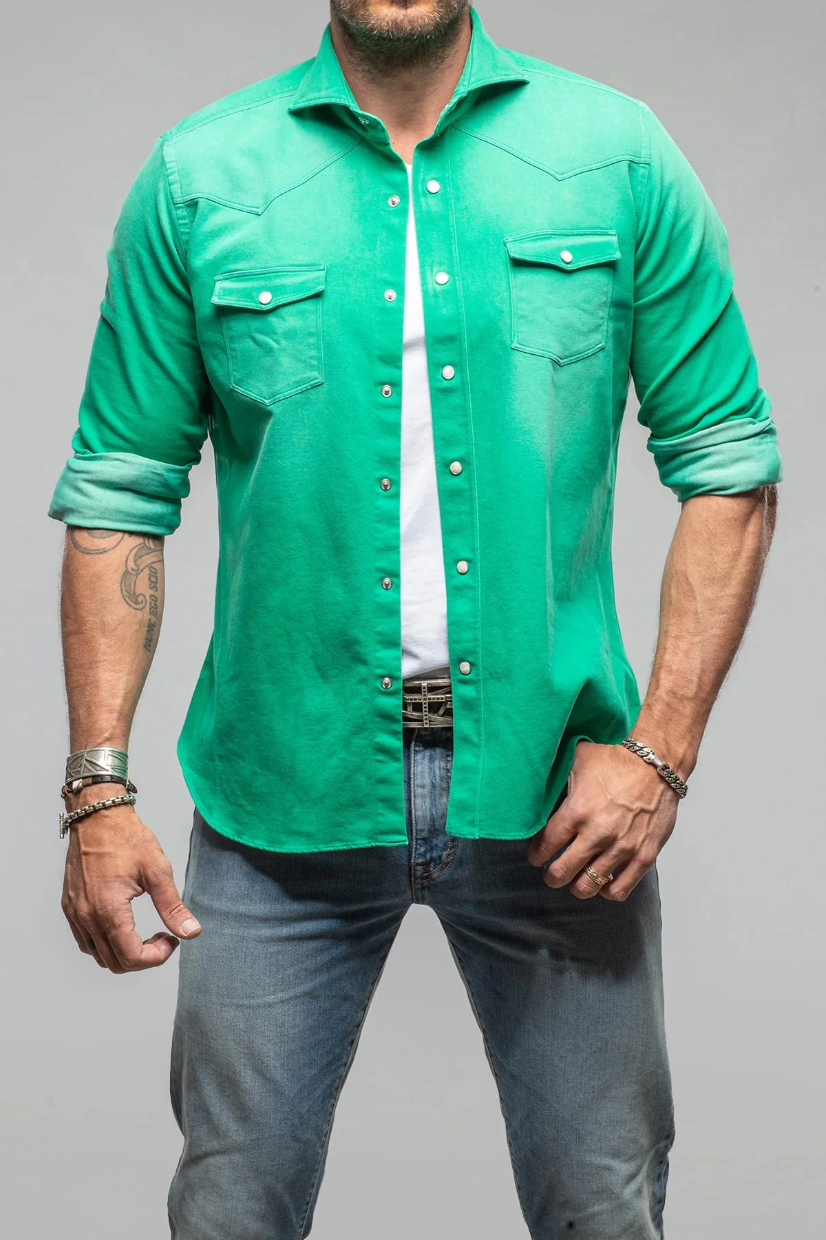 Elias Denim Western Snap Shirt In Green
