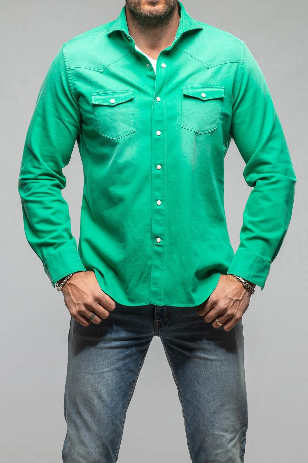 Elias Denim Western Snap Shirt In Green - Image 2