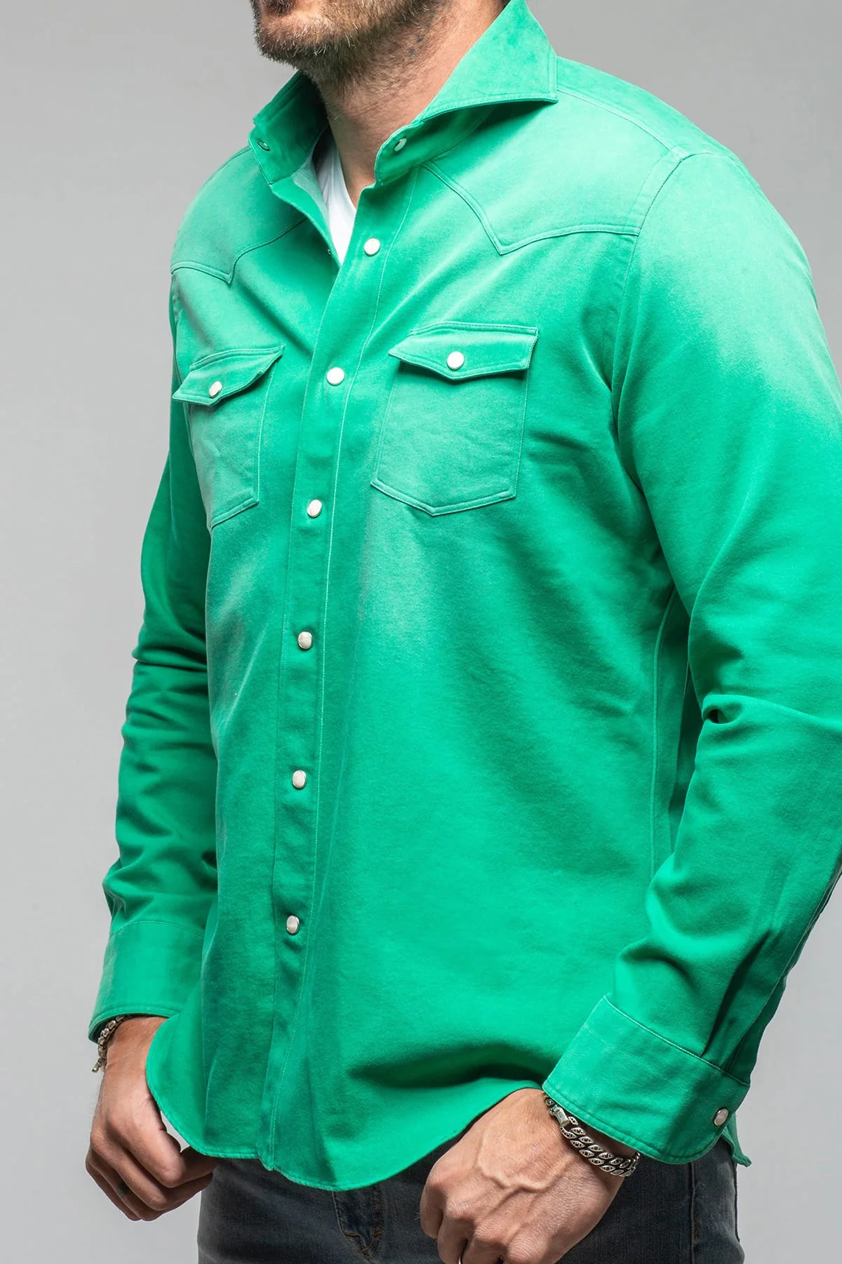 Elias Denim Western Snap Shirt In Green - Image 4