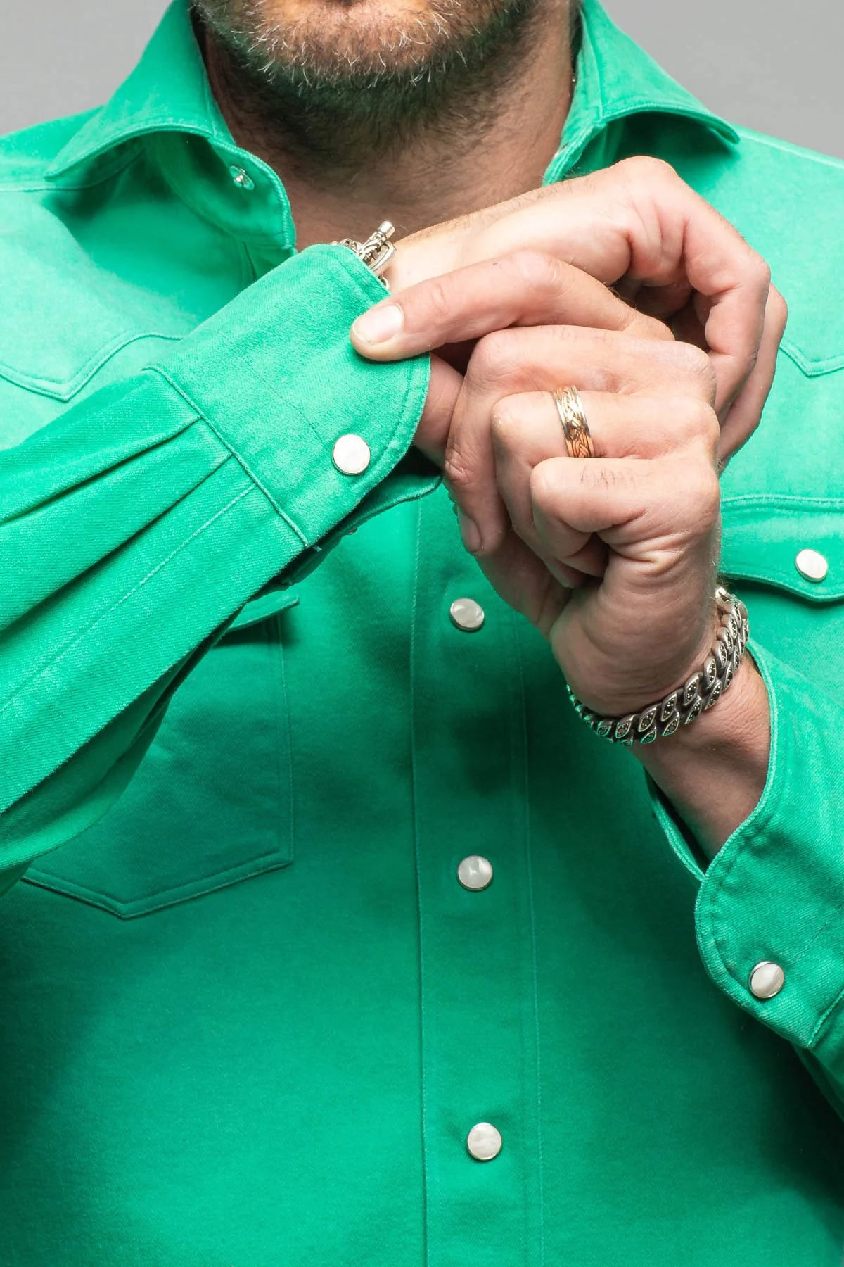Elias Denim Western Snap Shirt In Green - Image 5