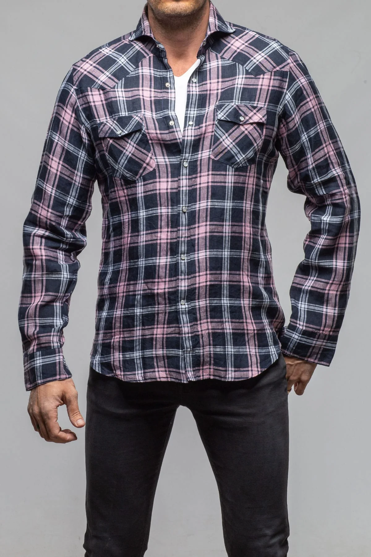 Firenze Linen Snap Shirt In Navy/Pink - Image 2