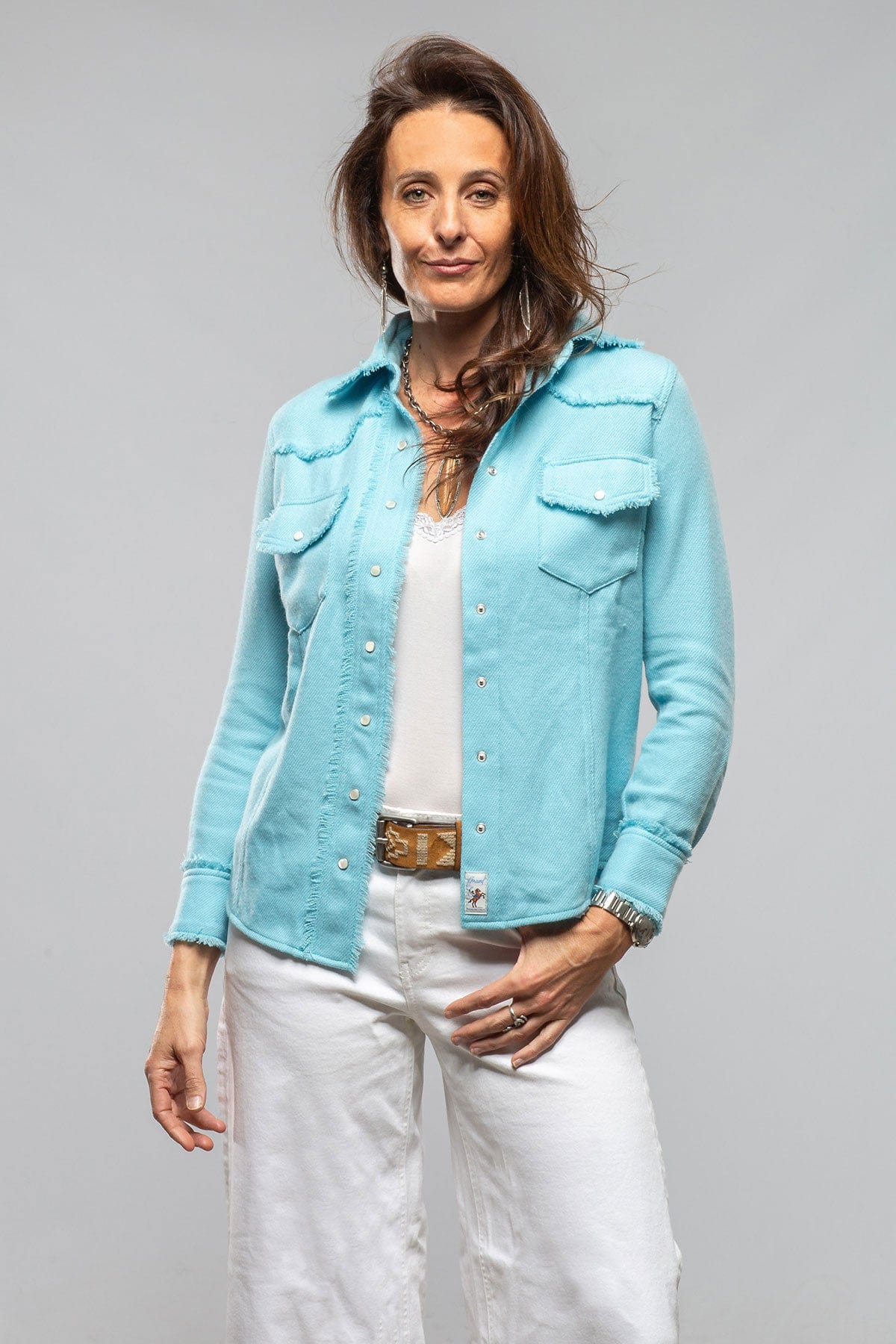 Gaby Raw Edge Overdye Cashmere Shirt In Turquoise - Image 2