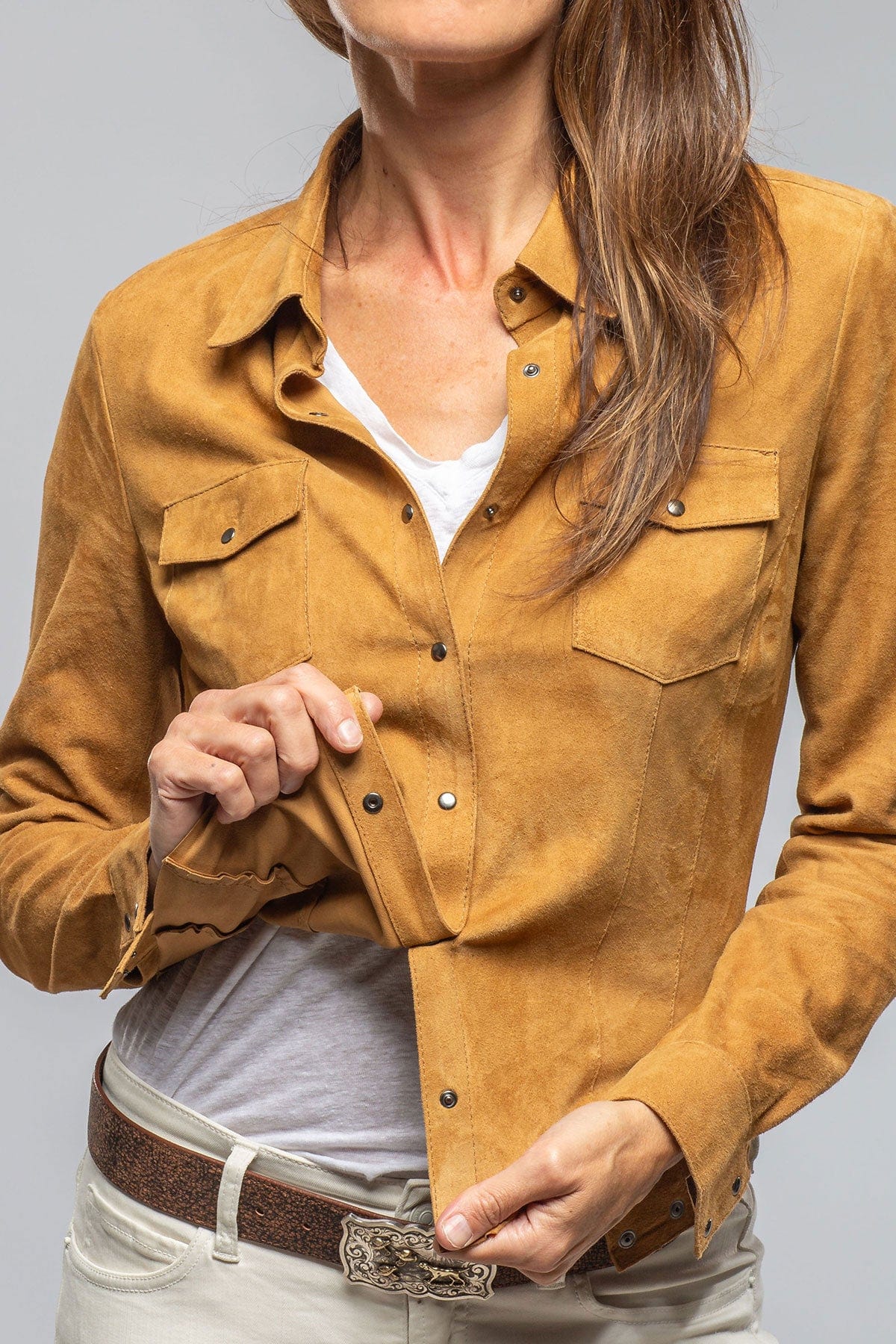 Giulia Suede Snap Shirt in Camel - Image 2
