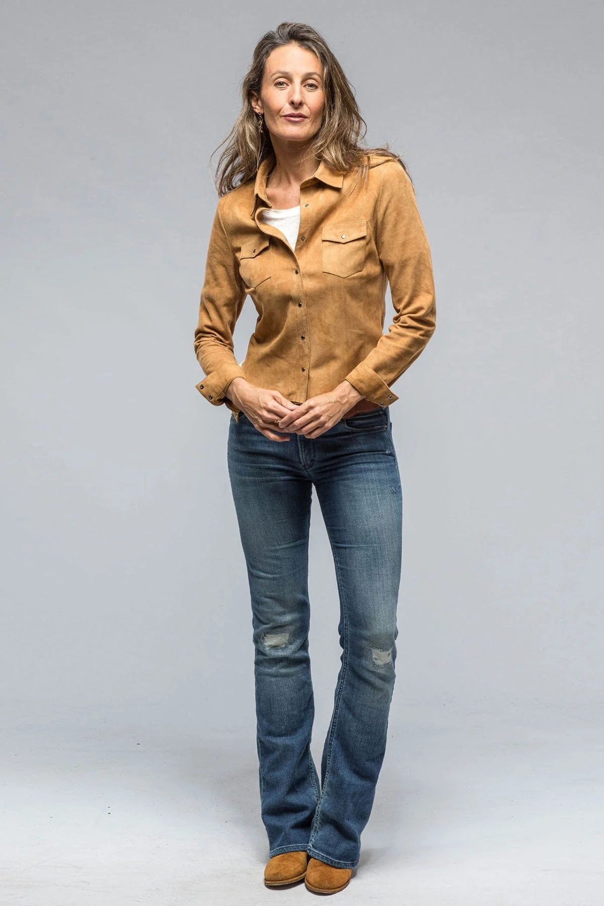 Giulia Suede Snap Shirt in Cognac - Image 2