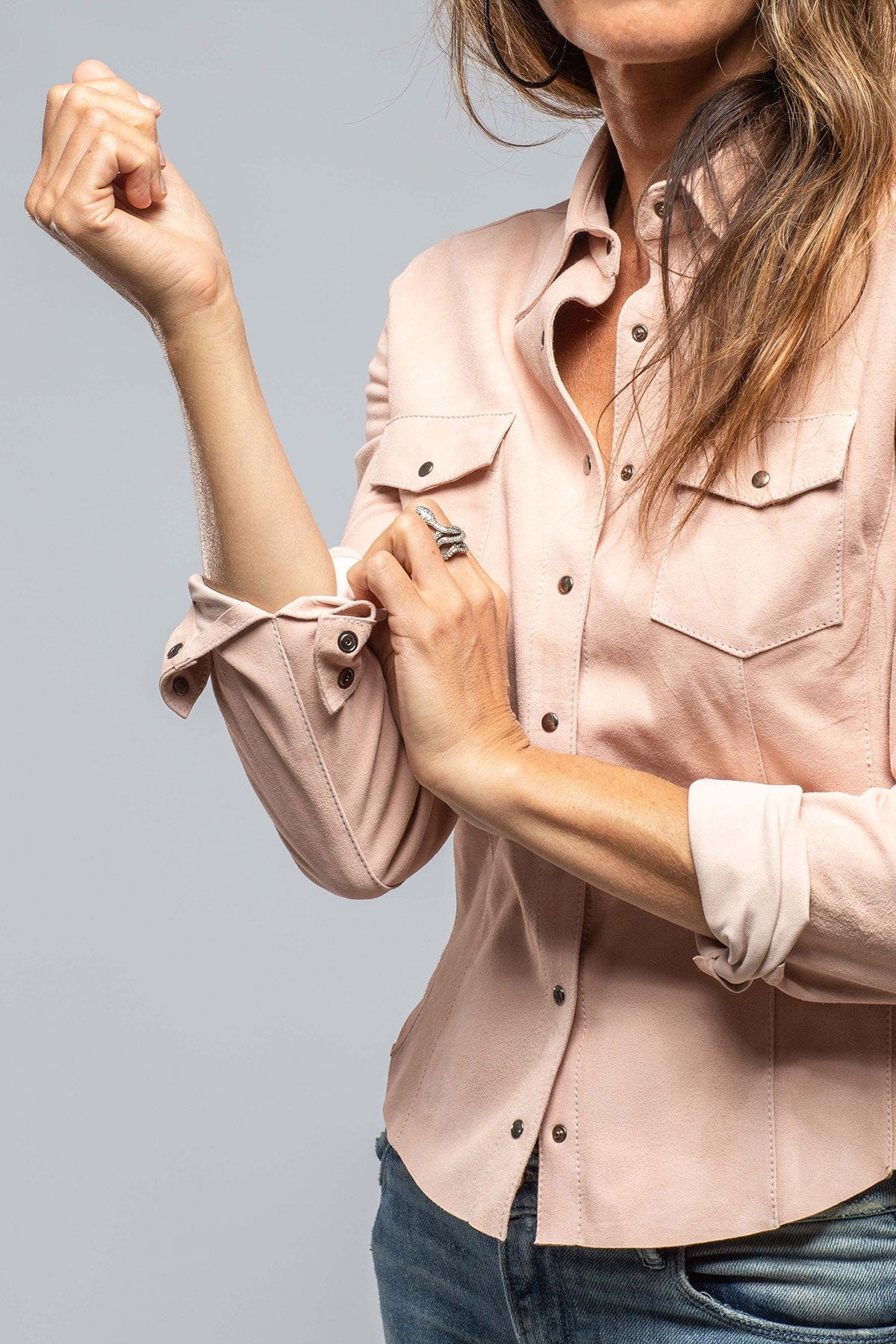 Giulia Suede Snap Shirt in Rosa - Image 4