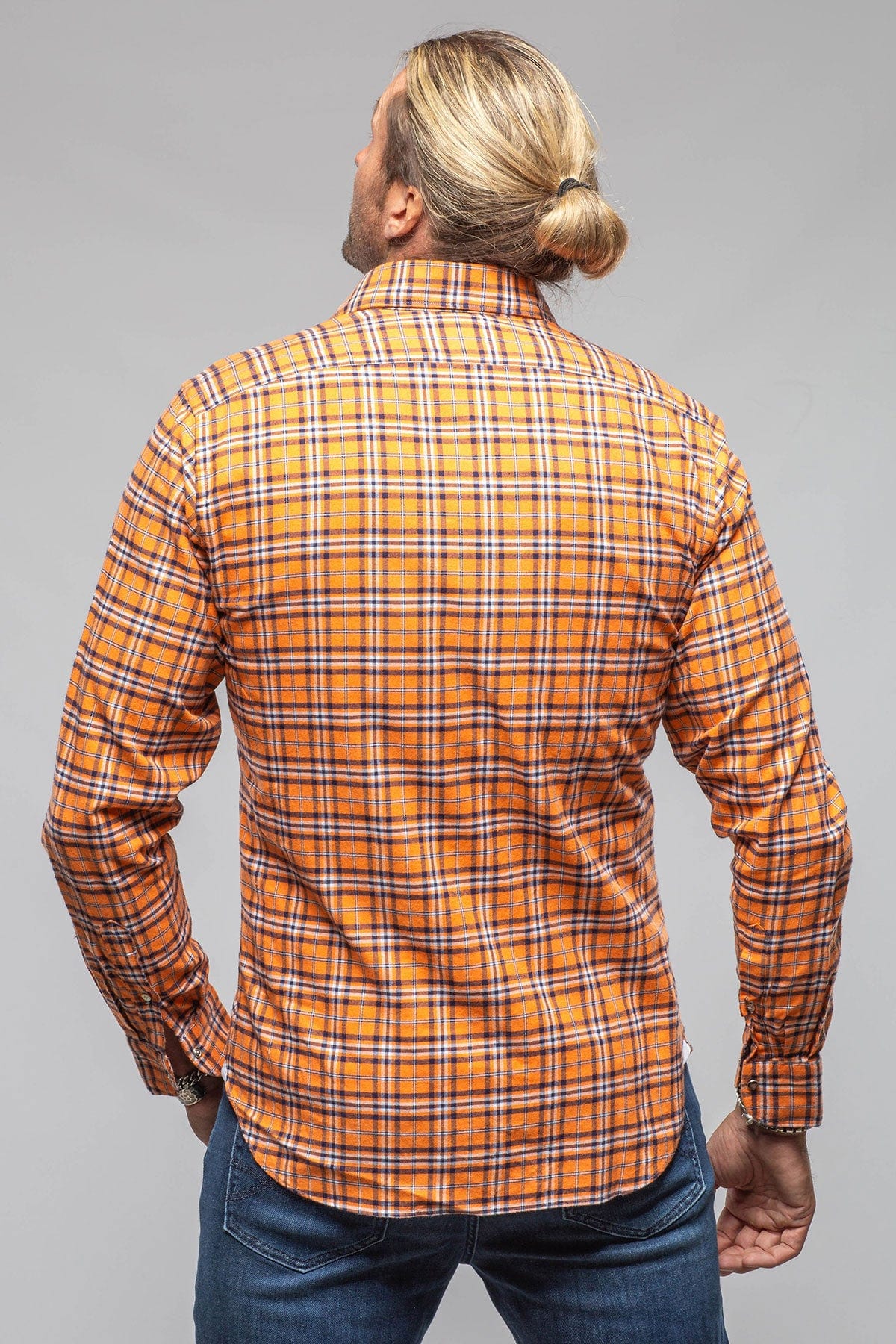Harmony Check Flannel Snap Shirt In Orange Navy - Image 3