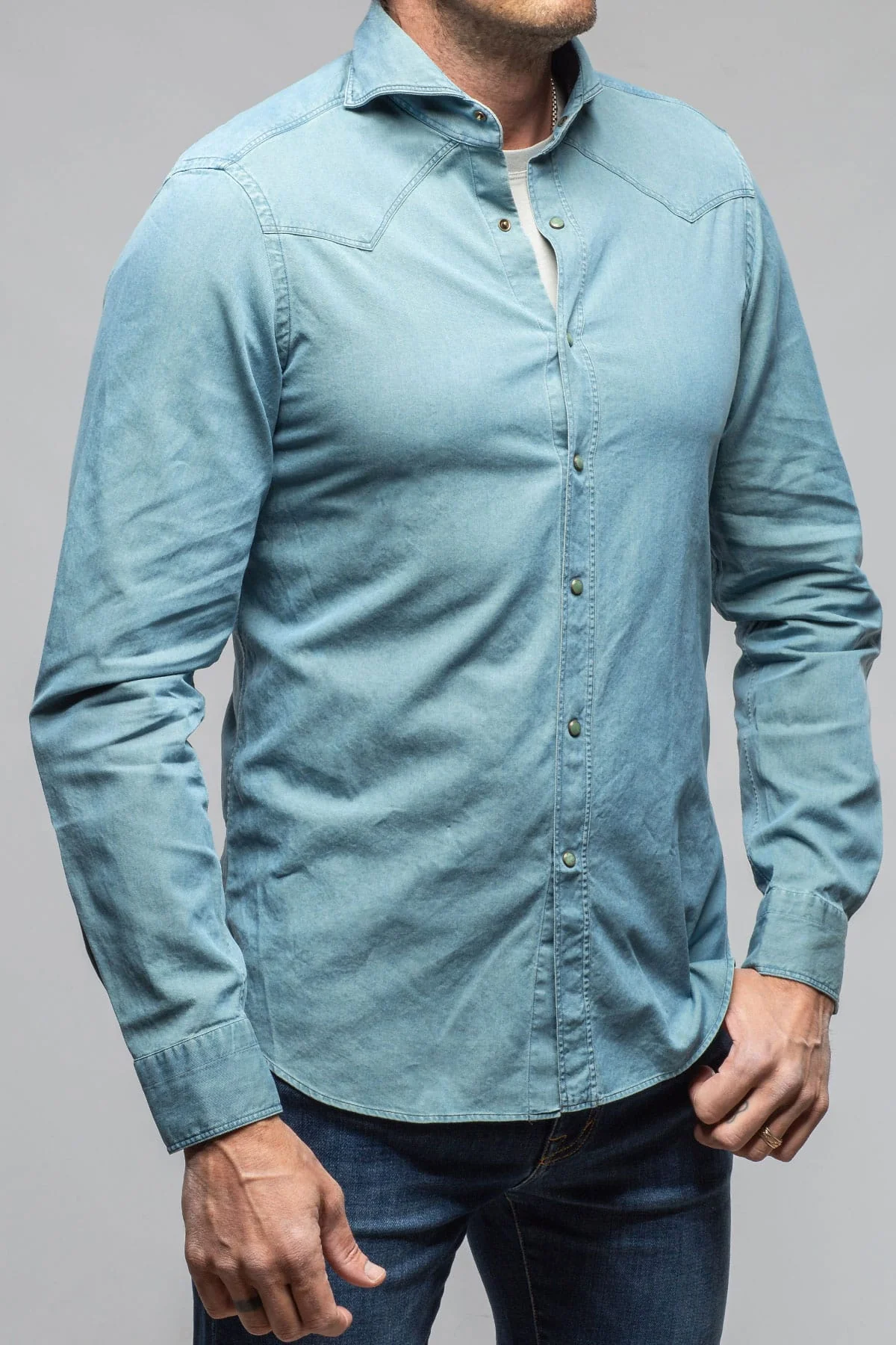 High Water Two-Tone Snap Shirt In Green/Blue - Image 4