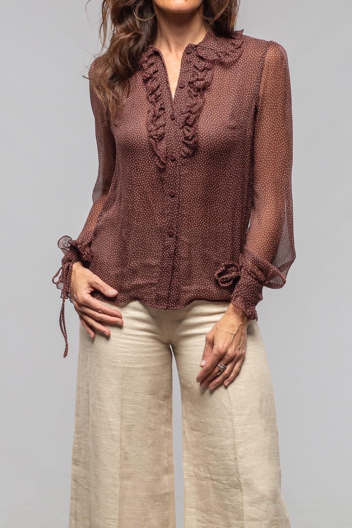 Julia Chiffon Ruffle V-Neck Blouse In Chocolate Polkadot - Image 2