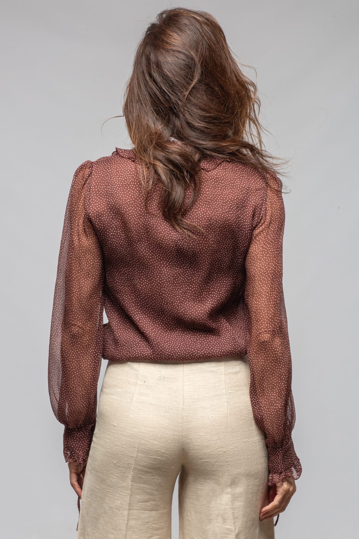 Julia Chiffon Ruffle V-Neck Blouse In Chocolate Polkadot - Image 4