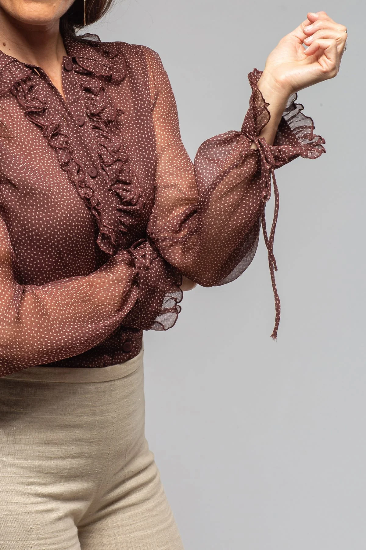 Julia Chiffon Ruffle V-Neck Blouse In Chocolate Polkadot - Image 5