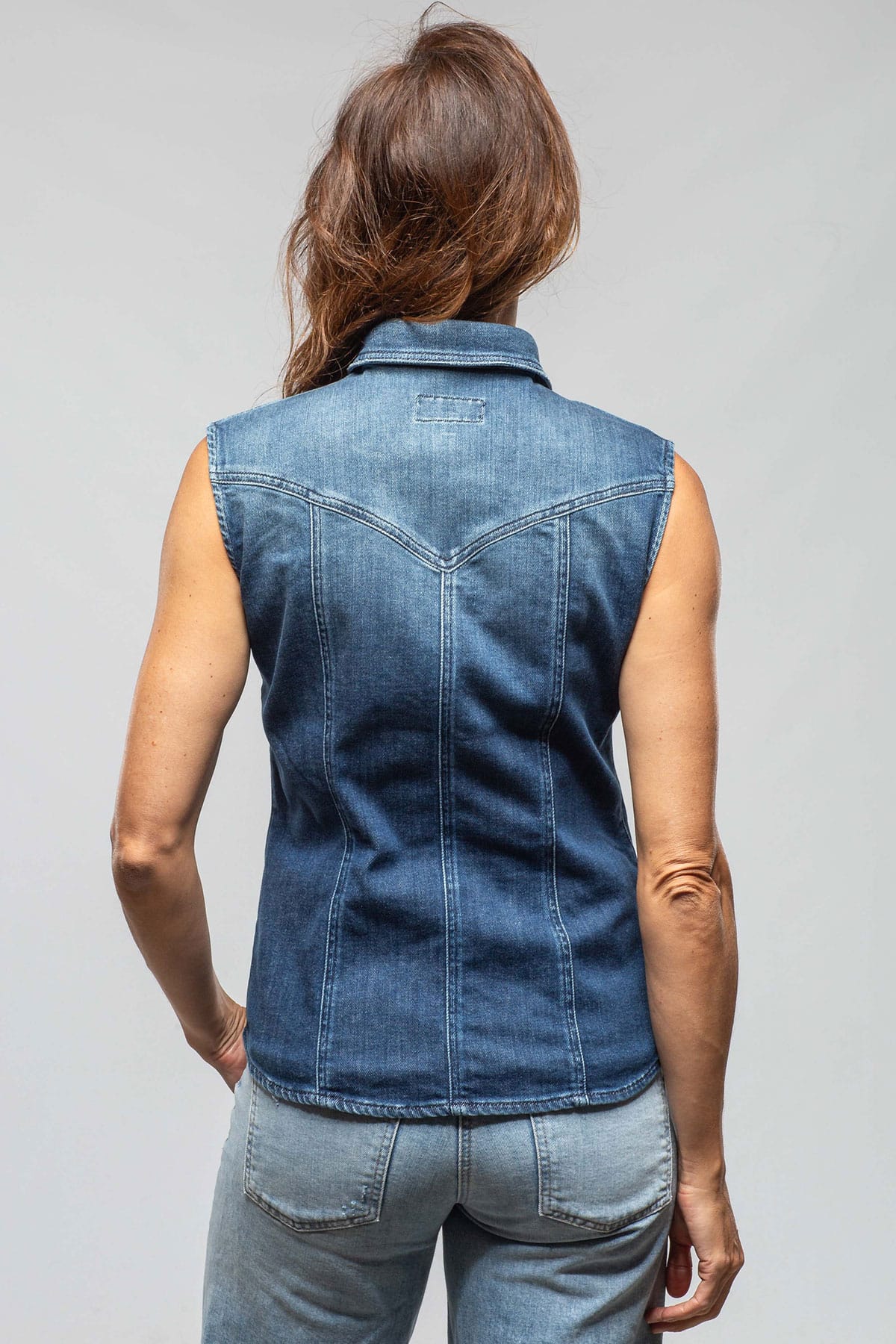 June Sleeveless Denim Snap Shirt In Mid Blue - Image 5