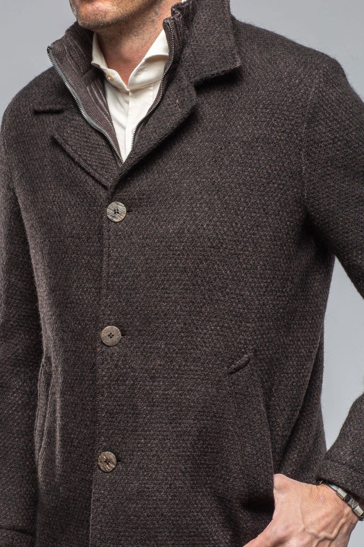 Juneau 3/4 Knit Coat In Charcoal Brown - Image 2