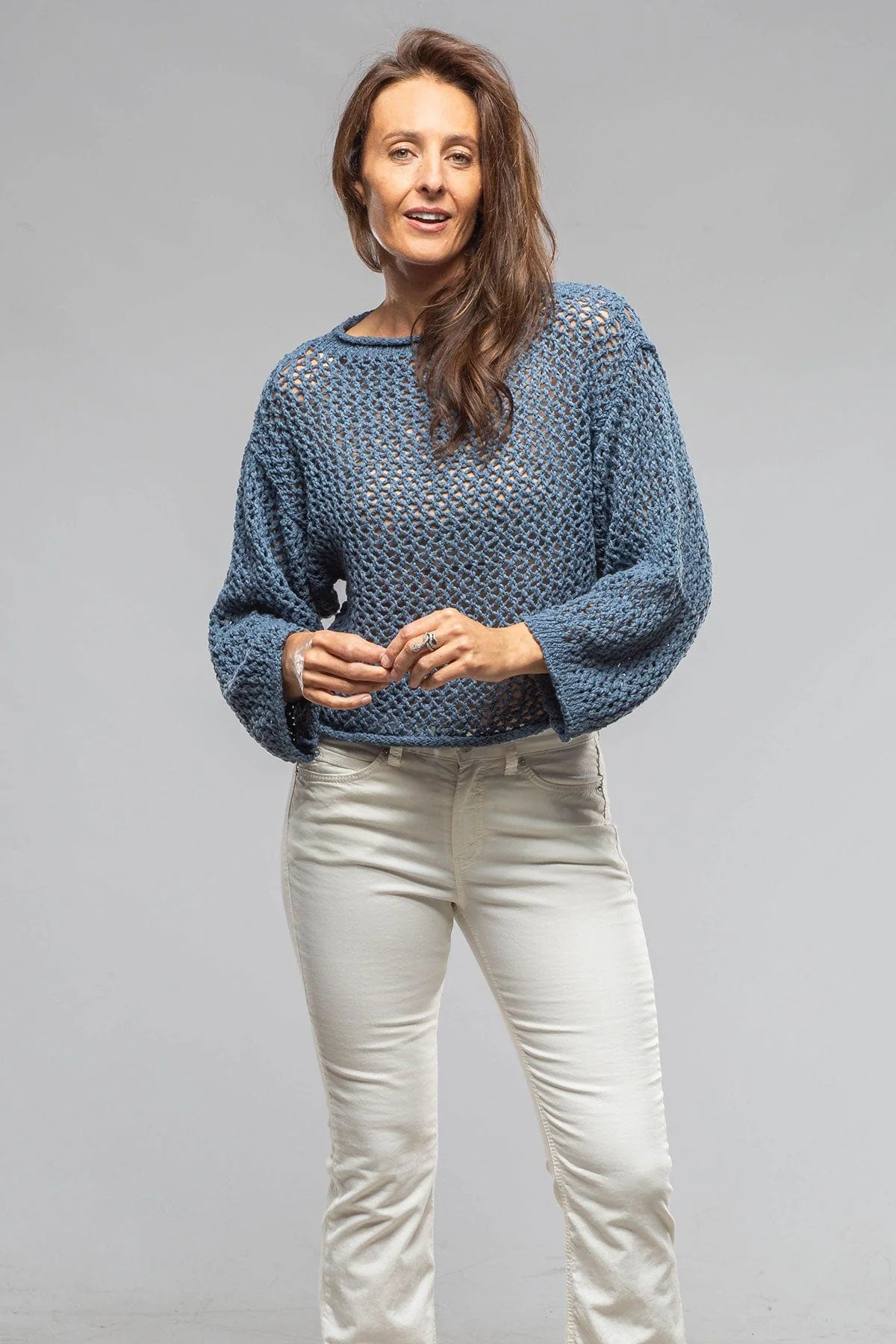 Kate Crochet Knit Sweater In Denim