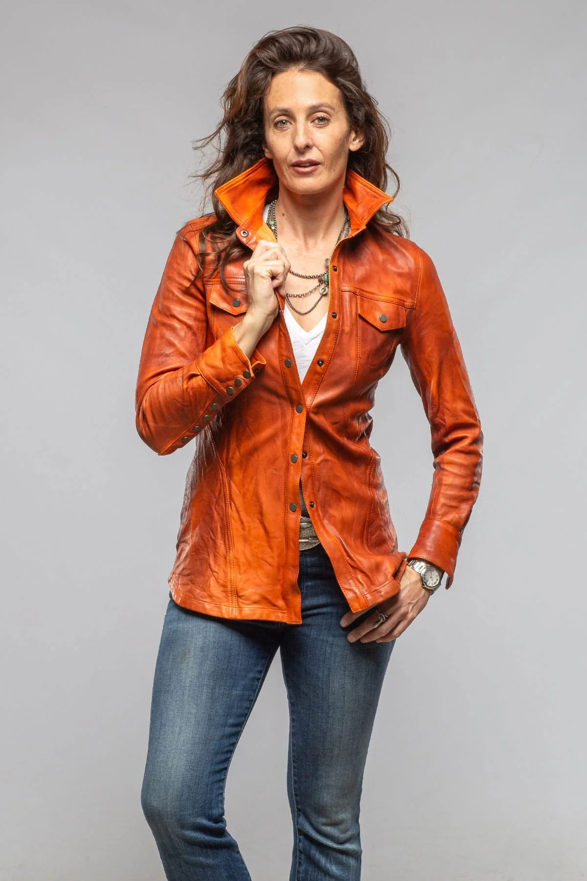Leah Lambskin Snap Shirt In Charred Orange - Image 2