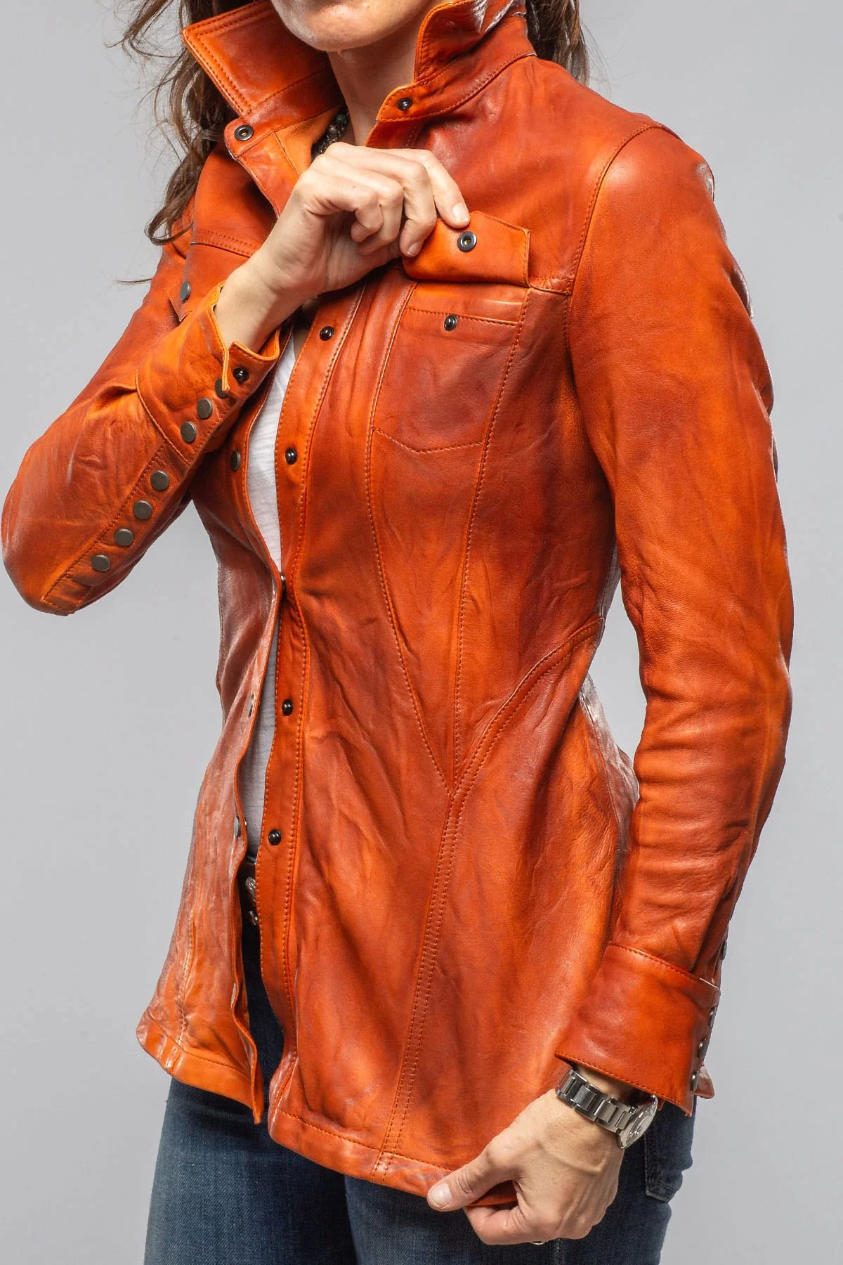 Leah Lambskin Snap Shirt In Charred Orange - Image 5