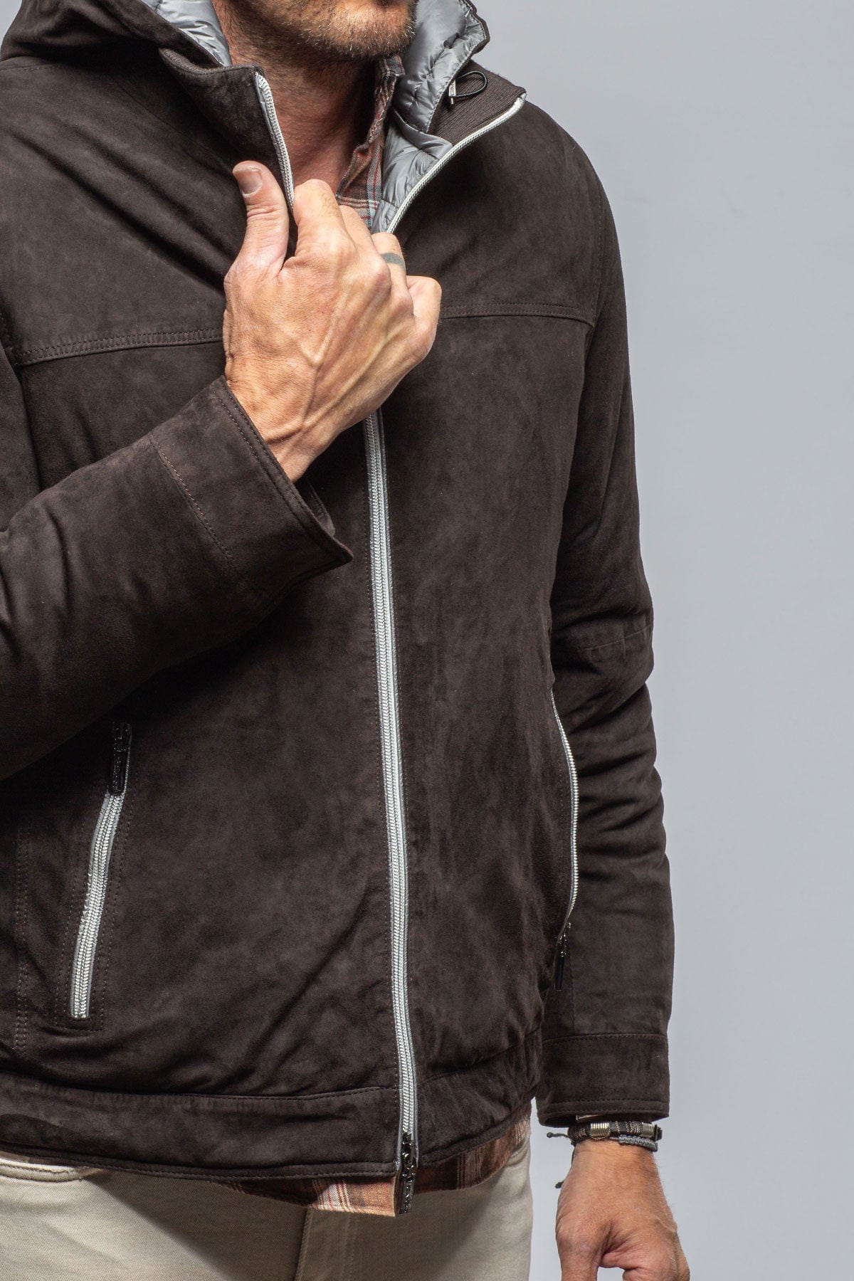 Leo Suede Insulated Jacket in Charcoal Brown - Image 5