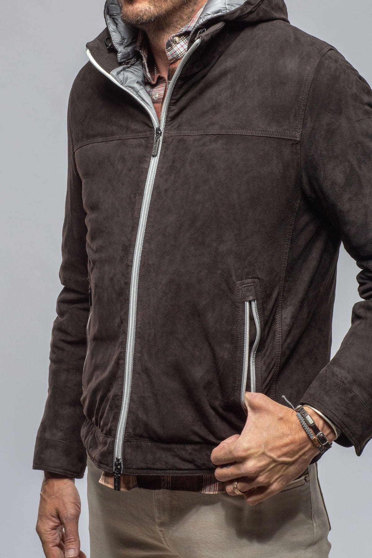 Leo Suede Insulated Jacket in Charcoal Brown - Image 6