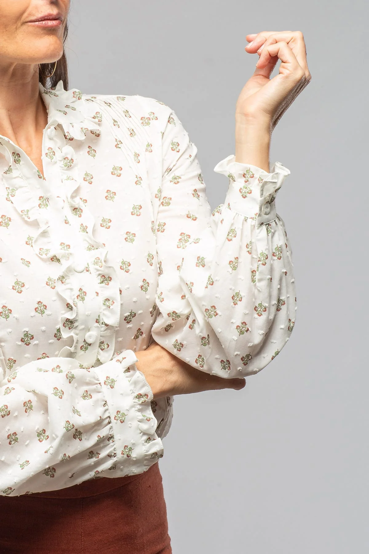 Liesl Cotton Ruffle Shirt Floral Print In White - Image 5