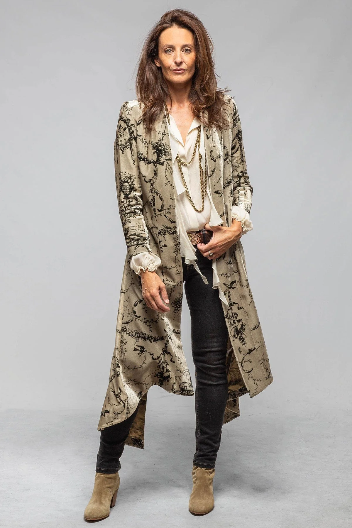 Long Morgana Silk Velvet Coat In Beige & Green Print