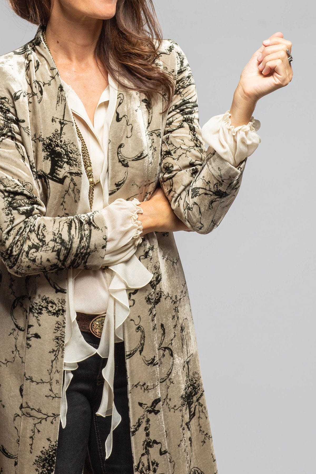 Long Morgana Silk Velvet Coat In Beige & Green Print - Image 2