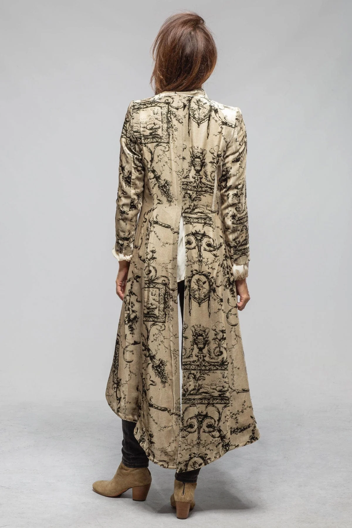 Long Morgana Silk Velvet Coat In Beige & Green Print - Image 3