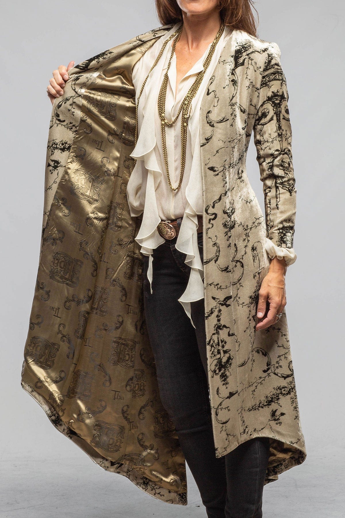 Long Morgana Silk Velvet Coat In Beige & Green Print - Image 5