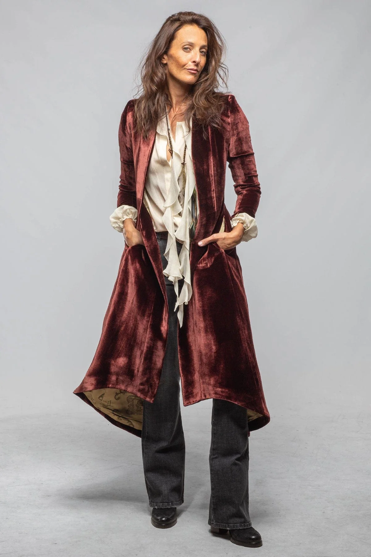 Long Morgana Silk Velvet Coat In Burgundy