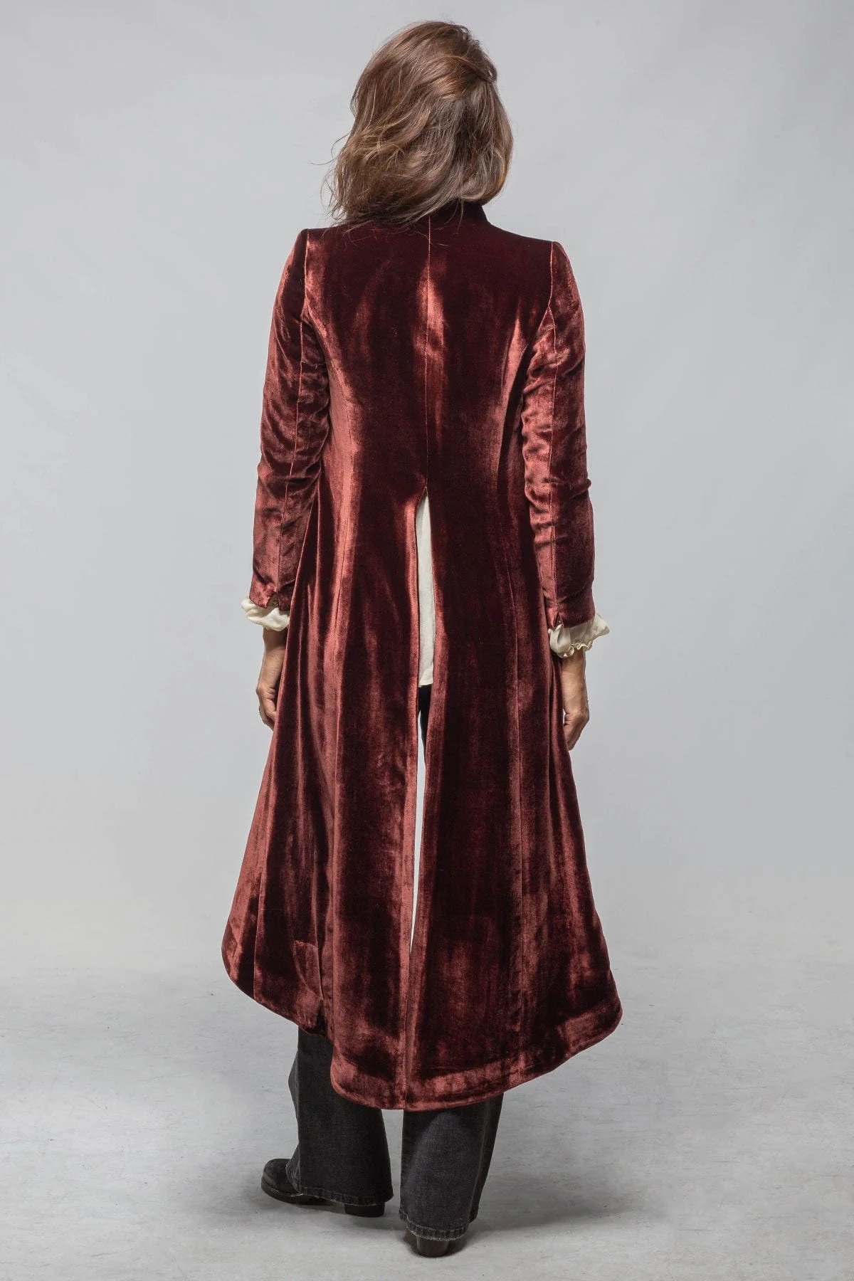 Long Morgana Silk Velvet Coat In Burgundy - Image 3