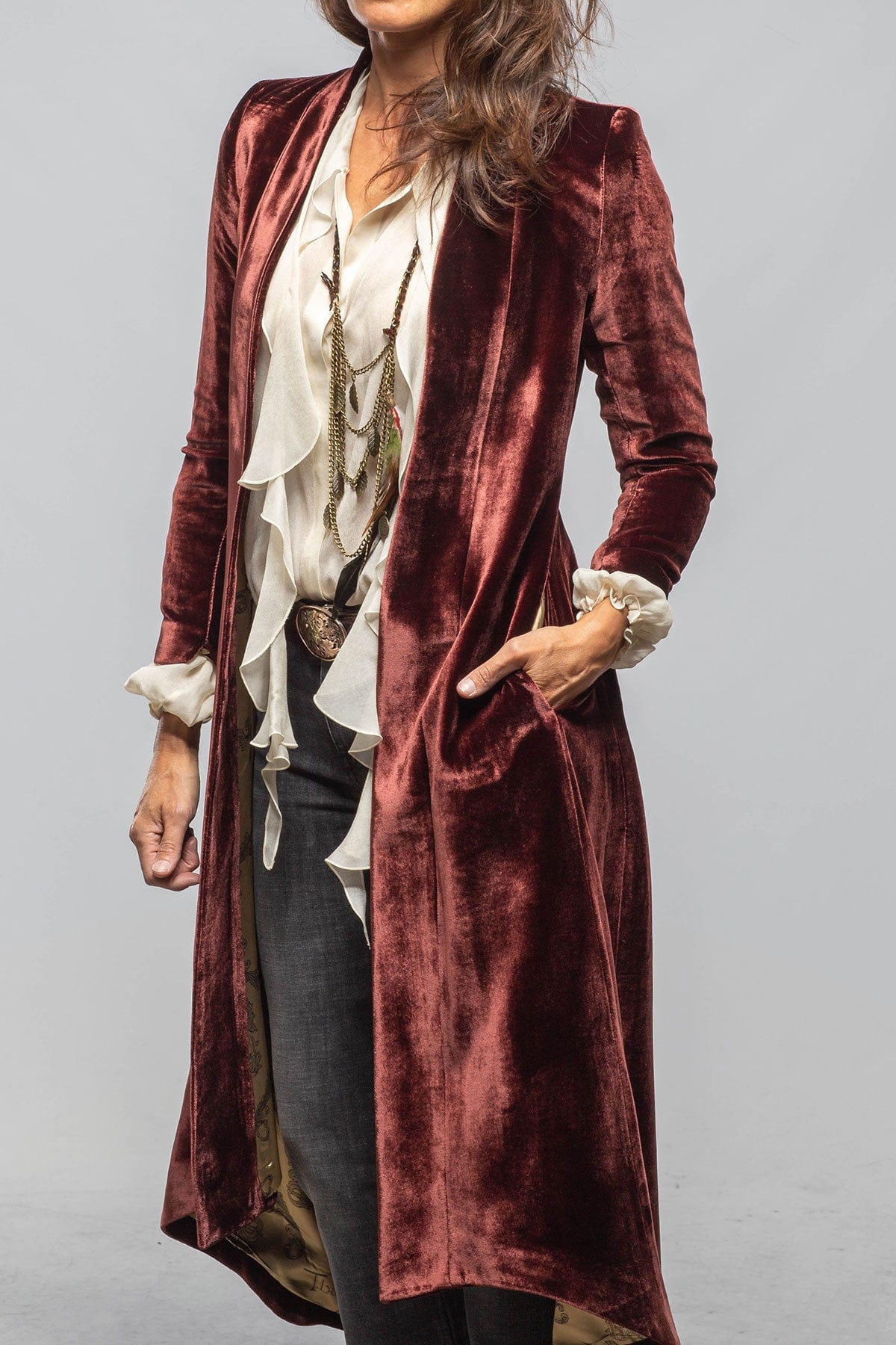 Long Morgana Silk Velvet Coat In Burgundy - Image 4