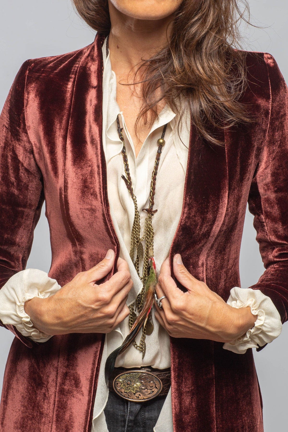 Long Morgana Silk Velvet Coat In Burgundy - Image 5