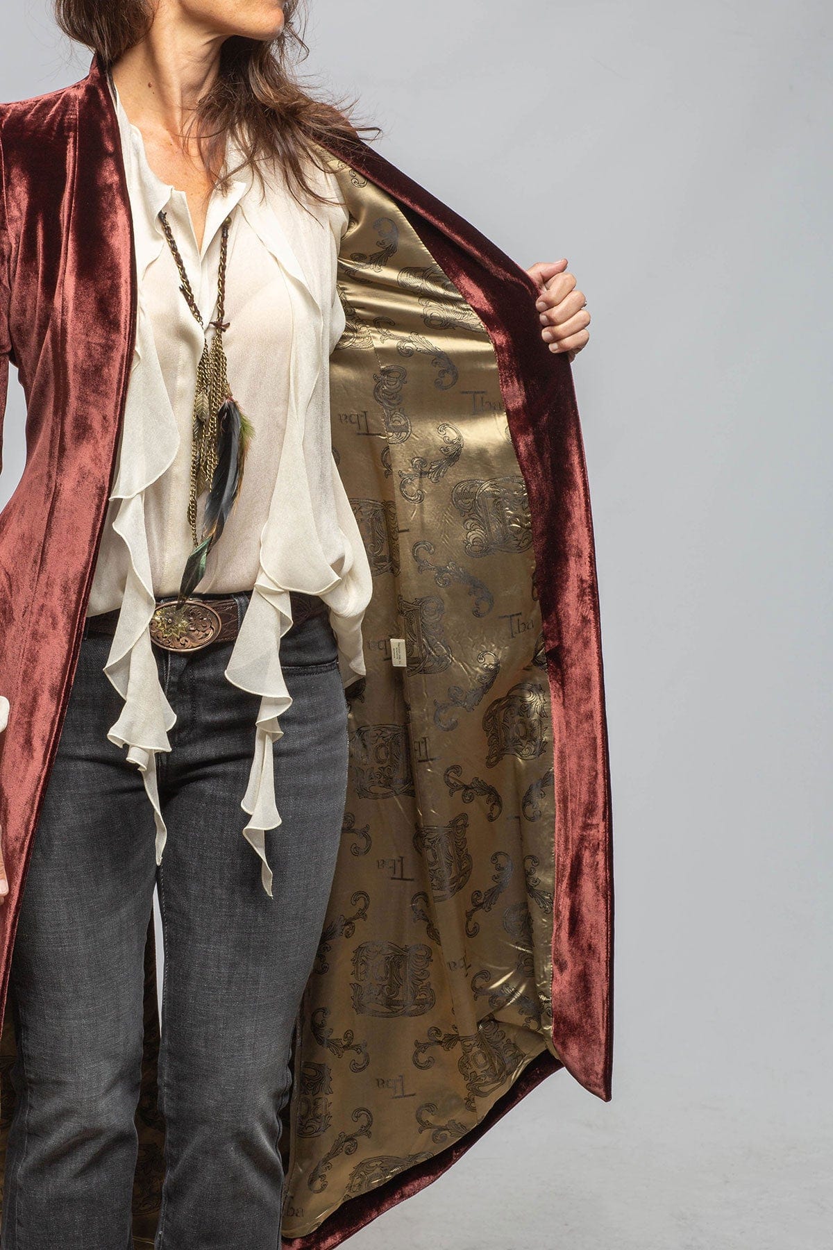 Long Morgana Silk Velvet Coat In Burgundy - Image 6