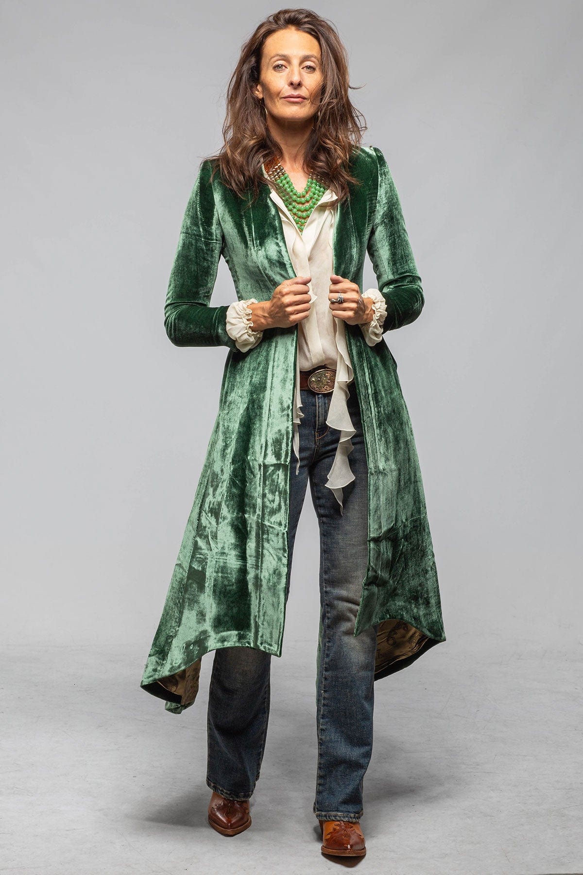 Long Morgana Silk Velvet Coat In Jade