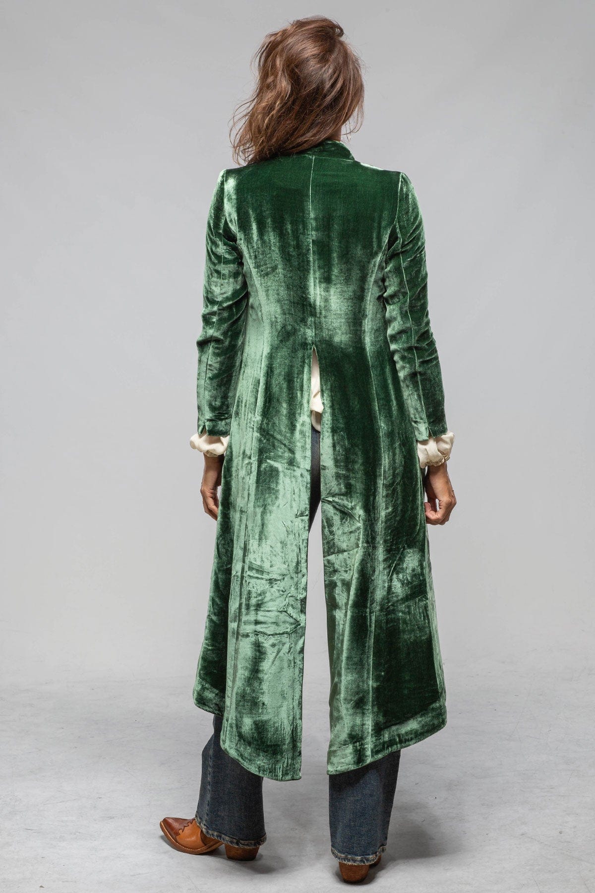 Long Morgana Silk Velvet Coat In Jade - Image 3