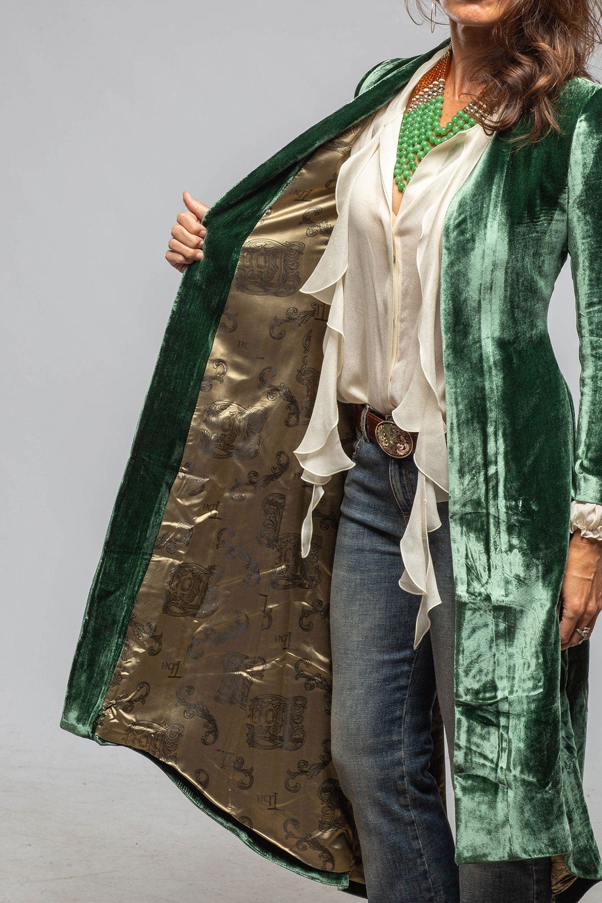 Long Morgana Silk Velvet Coat In Jade - Image 6